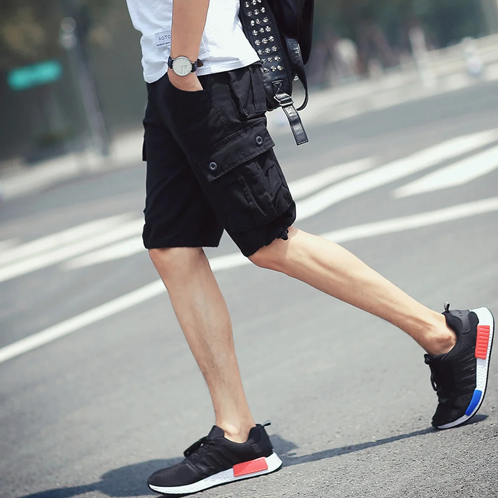 Khaki Cargo Shorts Men Summer Streetwear Bermuda Shorts Knee Length Cotton Trousers With Pockets Japan Style Short