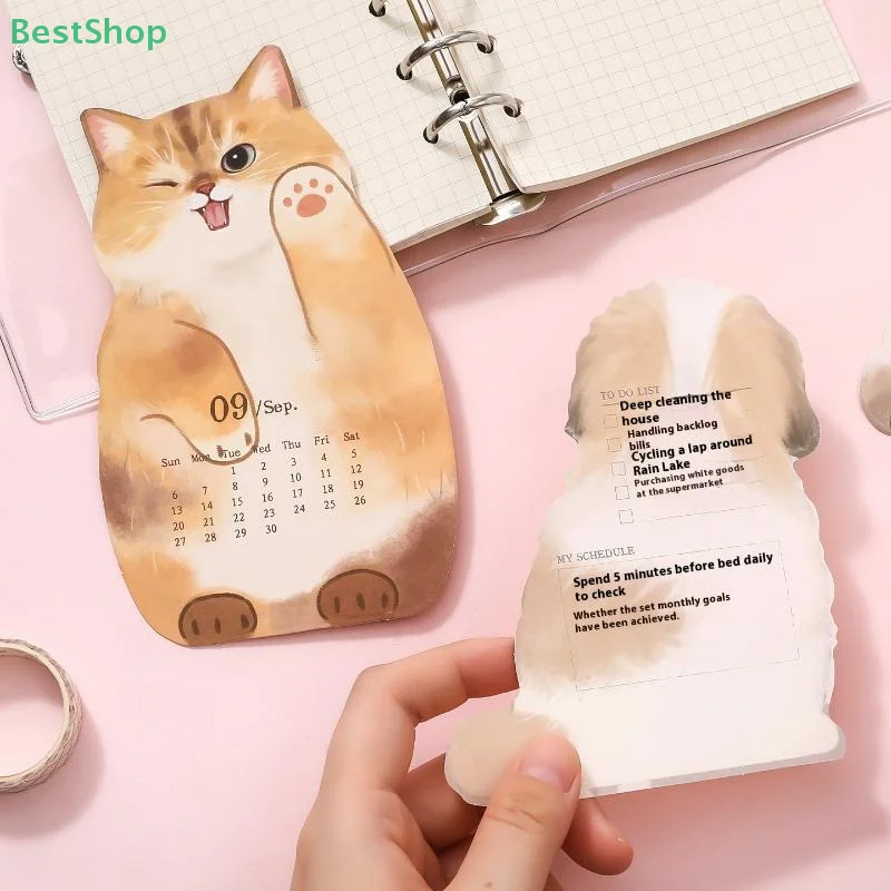 Calendrier De Bureau 2026 Mini Format - Forme Chat Mignon Avec Base En Bois - Planificateur Mensuel Amovible