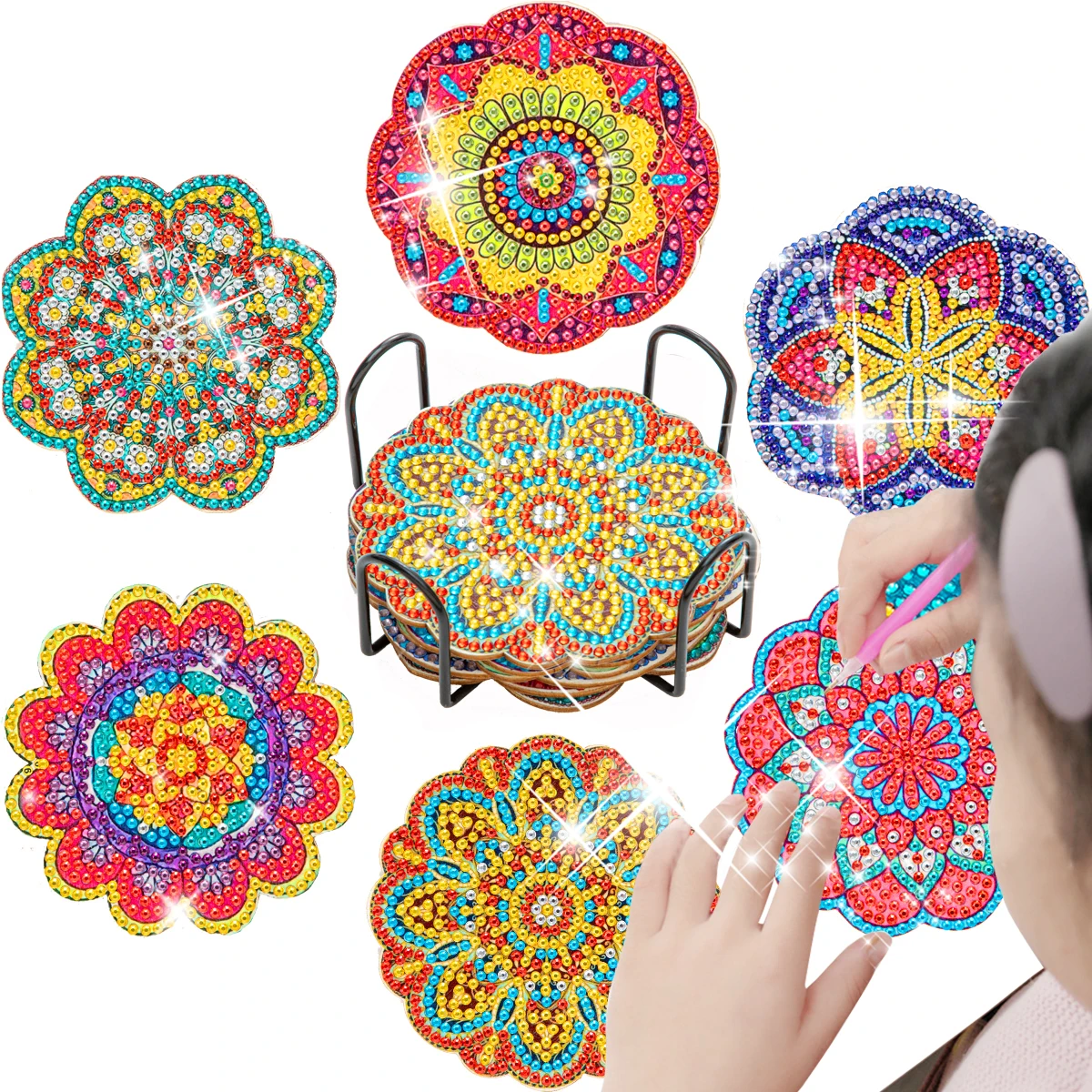 

SDOYUNO 6pc/sets Diamond Painting Coasters Kits with Holder Mandala Diamond Art Kits for Adults Kids Beginners Diamond Craft