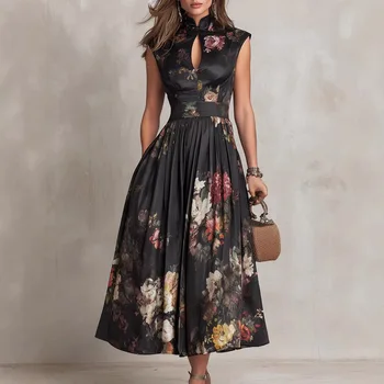 2026 New Sleeveless Stand Collar Digital Print Long Skirt Three Dimensional Flower Slim Fit Dress Slim Fit Elegant Dress Women 1