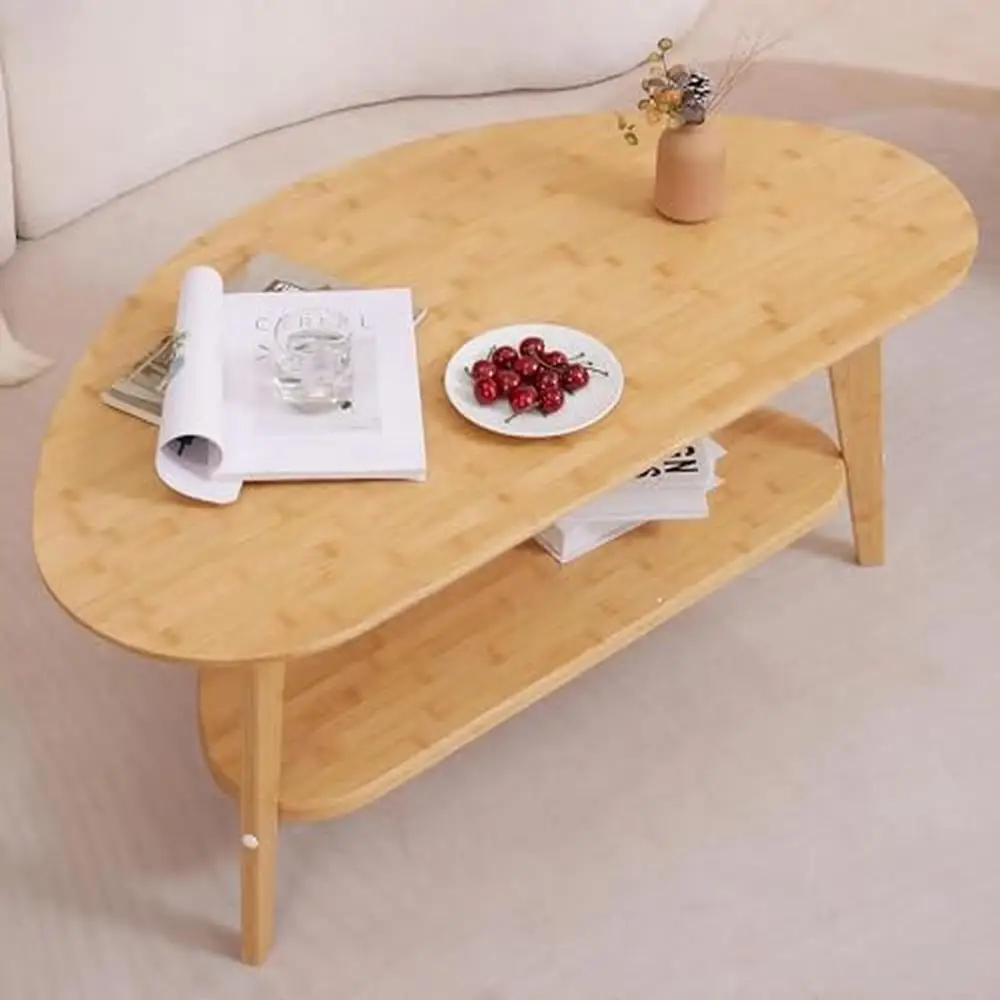 Nature Bamboo Oval Coffee Table with Storage Shelf Mid-Century Modern Living Room Furniture 41.5" Eco-Friendly Paint Durable &