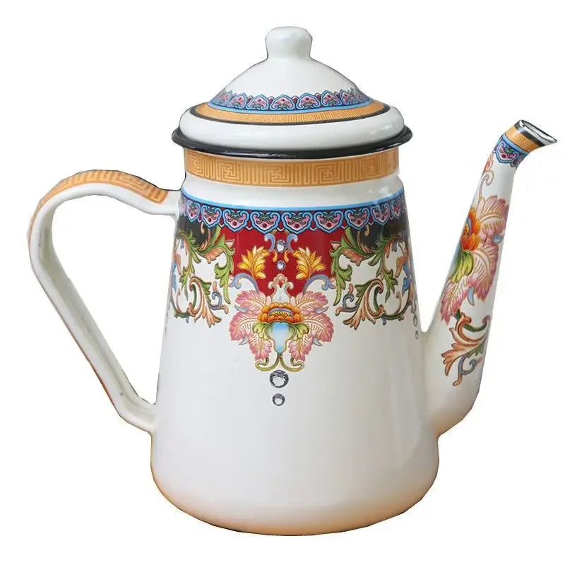 1.1L Enamel Coffee Pot Hand Tea Kettle Induction Cooker Gas Stove Universal Enamel Vintage Kettle Water Teapot
