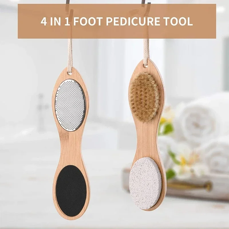 4 In 1 Multi-Use Foot File Brush with Wooden Handle Double Sided Callus Remover Dead Skin Crack Exfoliator Rasp Scrubber Pumice