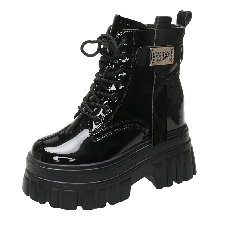 

Женские мотоциклетные ботинки на высокой платформе, Зимние Теплые ботильоны на танкетке 10 см, массивные кроссовки, новая кожаная обувь для женщин на осень