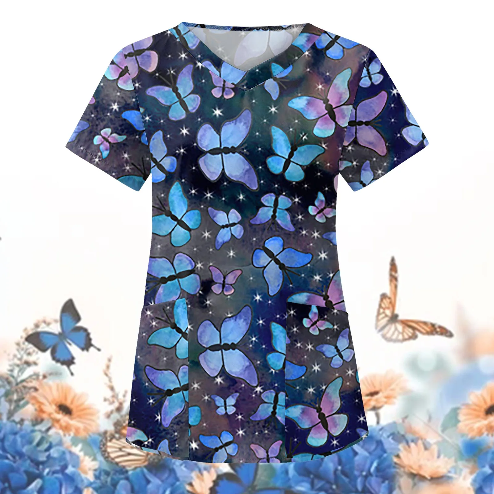 Healthcare Uniform Nurse Clinic Nursing Butterfly Workwear Hospital T-shirt Tops Short Sleeve Blouse Carer Working Women Medical medical tops