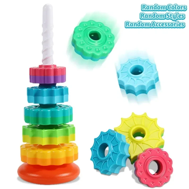 Children&rsquo;s Tesori Stacked Rainbow Tower Colorful Rotating Gear Ring Large Size Building Blocks Puzzle Educational Toys 1-3 Years