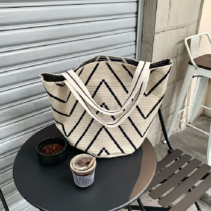 Cotton Woven Tote Bag For Women Casual Knitted Shoulder Bag Large