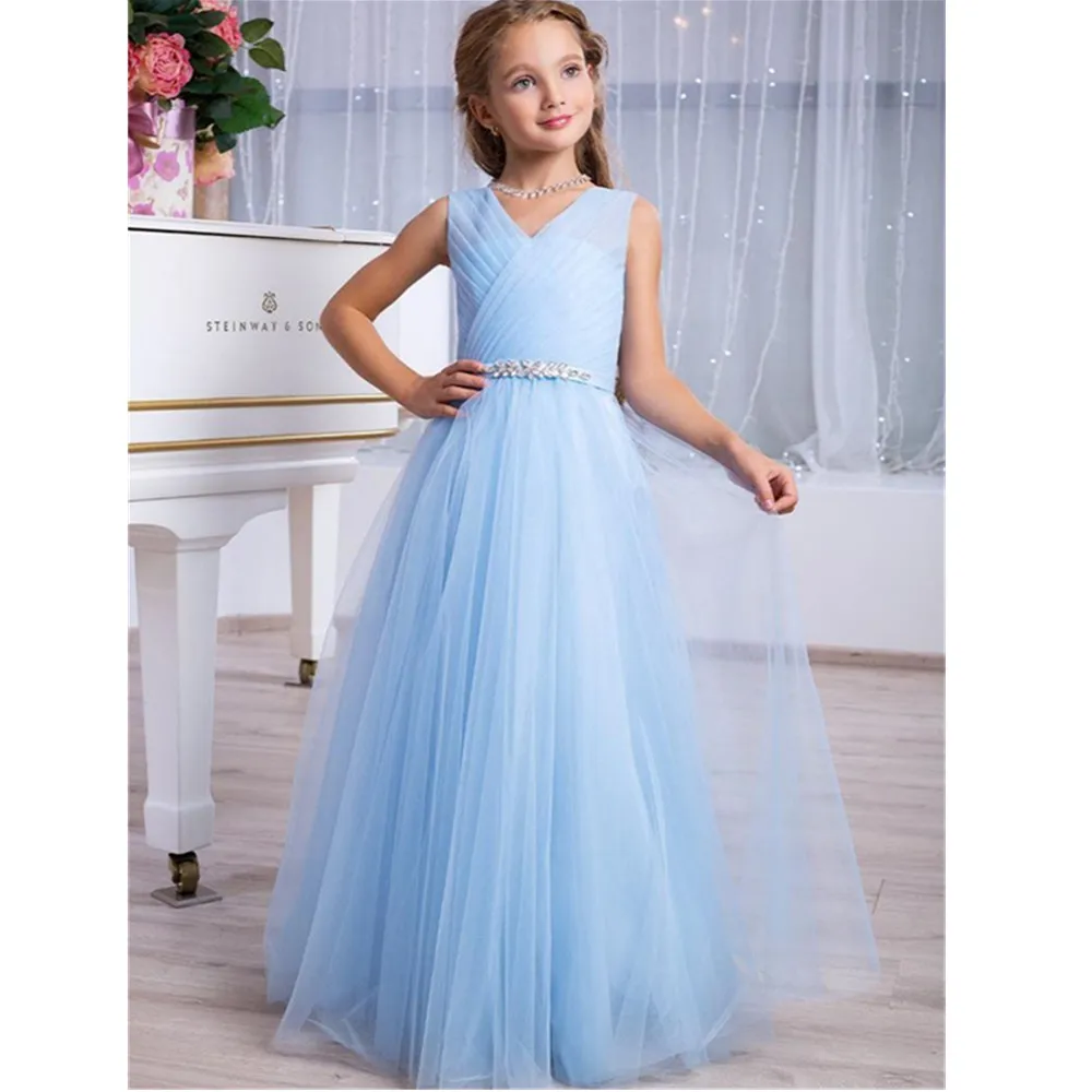 

Light Sky Blue & Blush Pink Little Girls Formal Event Wear Dresses Pleated V Neck Long Junior Bridesmaid Gowns Cute Flower