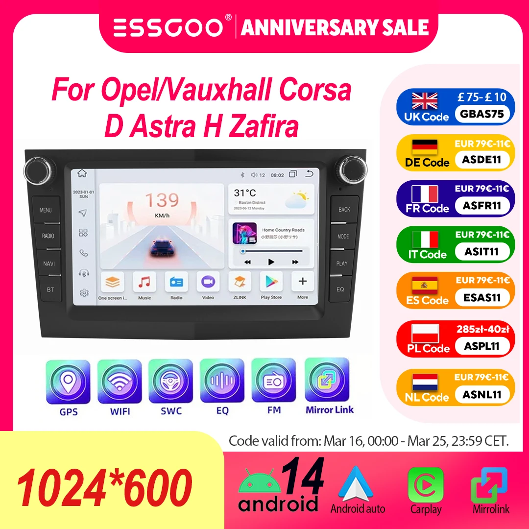 ESSGOO Negro Carplay Inalámbrico Android AUTO Para Opel/Vauxhall Corsa D Astra H Zafira Android 14 GPS Navegación Control Voz IA 7 Pulgadas Pantalla Táctil IPS Radio Coche WIFI BT Mandos Volante RDS FM Mirror Link 1
