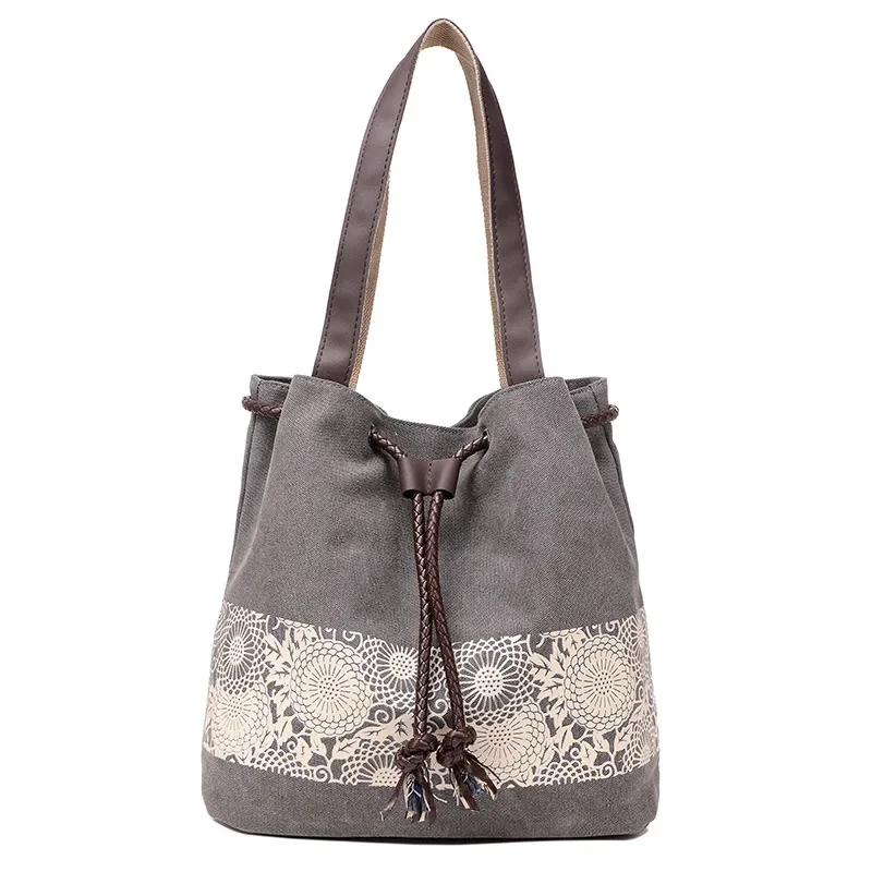 

Women's Fashion Korean Style Canvas Shoulder Bag Mori Girl Print Retro Casual Closure Two-Purpose Handbag
