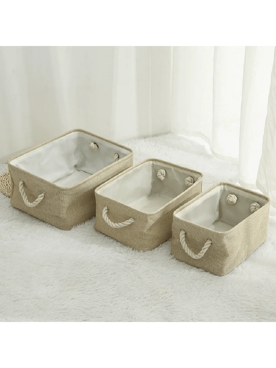 3sizes 1PCS foldable desktop storage basket with large capacity and handle for toys organizer, linen fabric storage basket for d 5