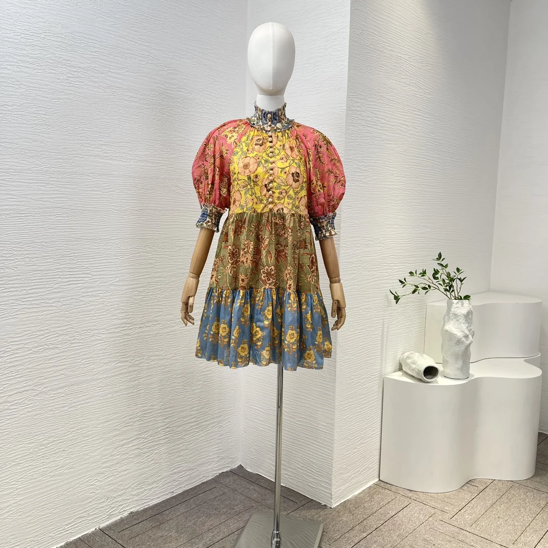 

2024 New Arrivals Vintage Cotton Top Quality Floral Print Short Puff Sleeve Frill Folds Women Mini Dress