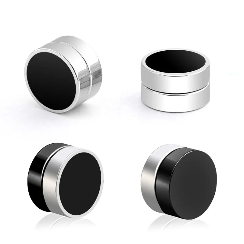 Trendy Titanium Steel Magnet Single Ear Clips for Men Women Without Piercing Black Round Cake Earrings Stainless Steel Jewelry ear clip earrings,clip earrings,ear clip,magnetic earrings