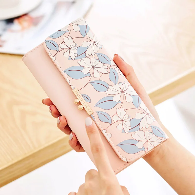 Monedero de moda para mujer, cartera larga con estampado de flores, monedero para teléfono, embrague de tres pliegues, carteras de gran capacidad