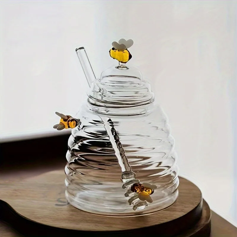Glass Honey Storage Jar Clear Glass with Lid Stir Stick Creative Design Home Kitchen Container