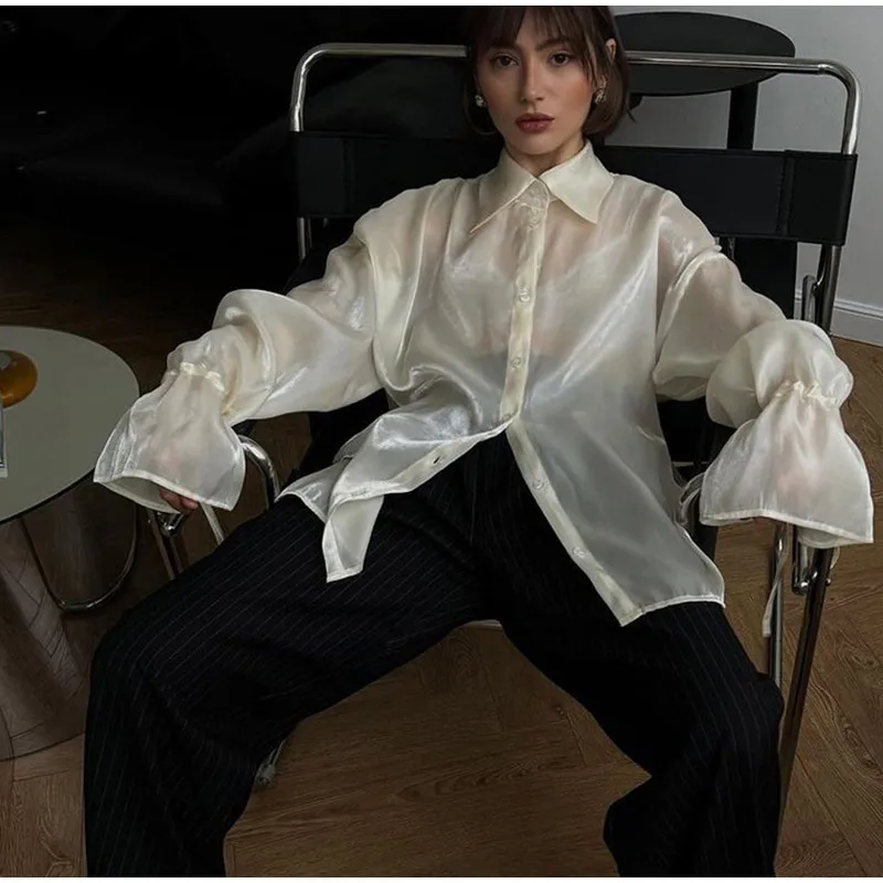 Camisas vintage lisas con mangas acampanadas y cuello alto para mujer, elegantes camisas con solapa y botonadura sencilla con cordones, blusas elegantes de calle para mujer
