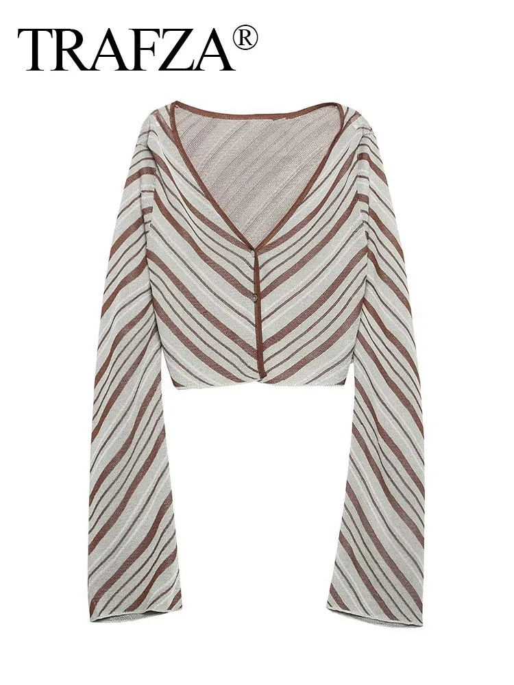 

Женский однобортный Кардиган TRAFZA, весенний элегантный повседневный полосатый топ с v-образным вырезом и длинными рукавами