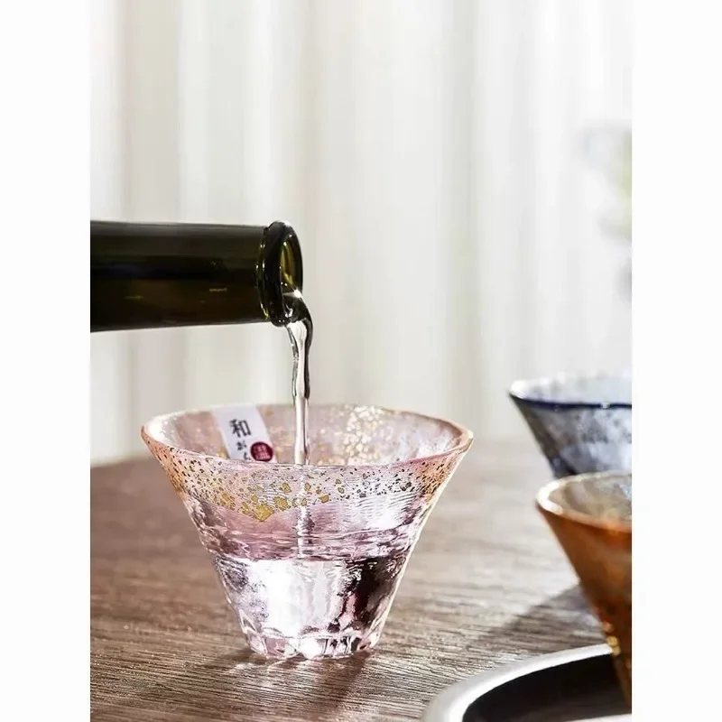 Japanese Sake Cup Fuji Mountain Lucky Cherry Blossom Cup Handmade Gold Foil Glass Cups Tea Household Gold Foil Small Cups