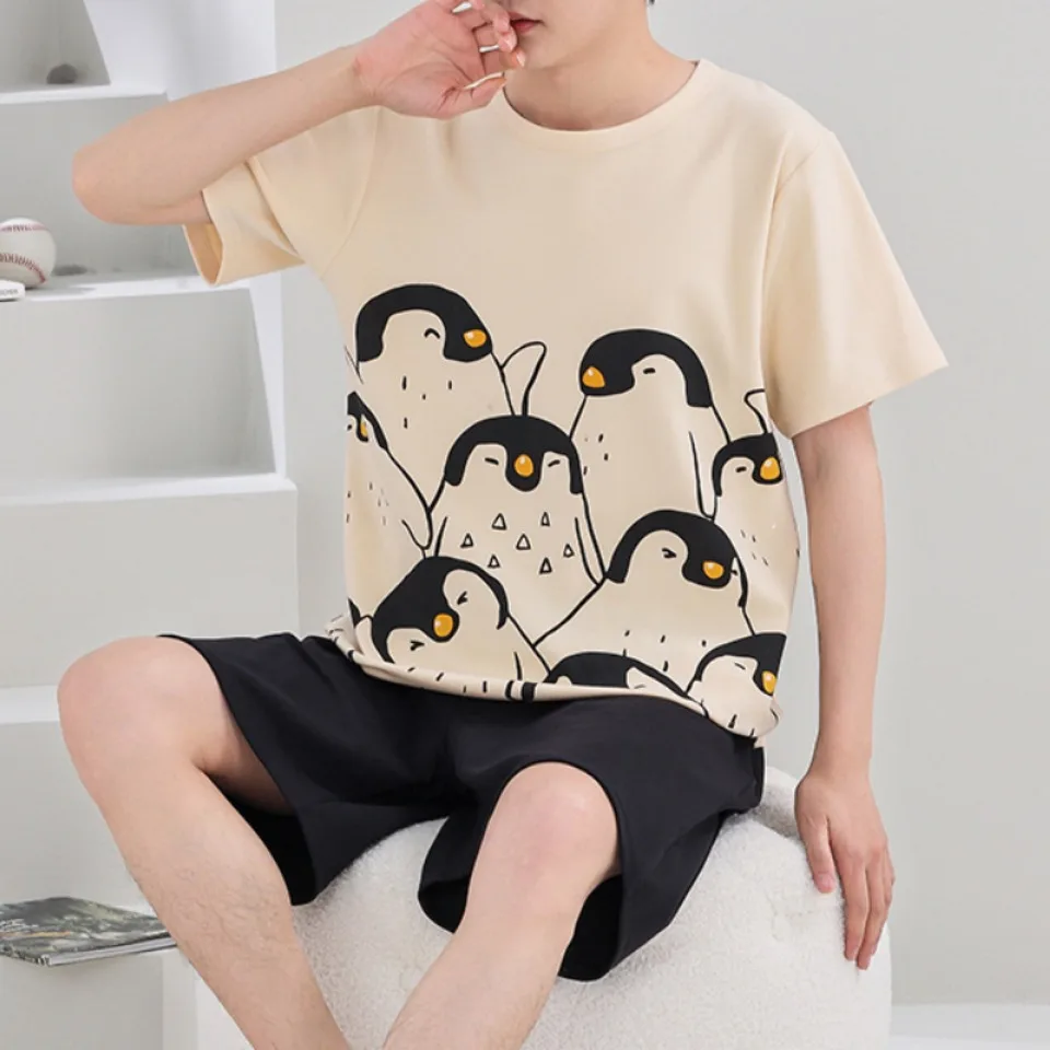 Summer Knitted Cotton Short Sleeved Men's Pajamas Sets Male Pajama Set Polka Dots Pajama Men Sleepwear Suit Homewear Size