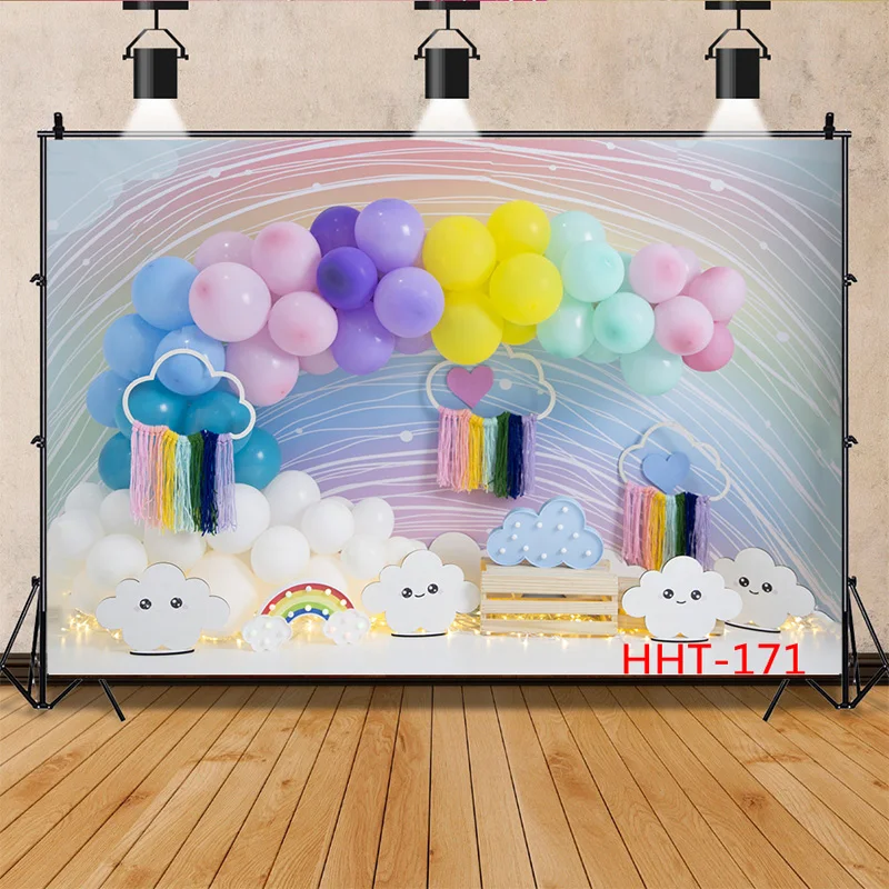

Rainbow Clouds Happy Birthday Digital Photography backdrops Props Newborn and Baby Party theme Photography Background GX-01