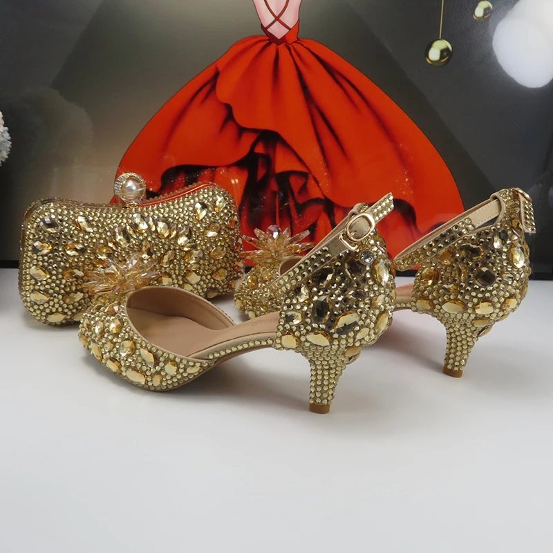 

Summer Champagne Crystal Bridal Party shoes bag Set Women Thin Heel Wedding Evening shoes Open Toe Sandals Ankle Strap Female