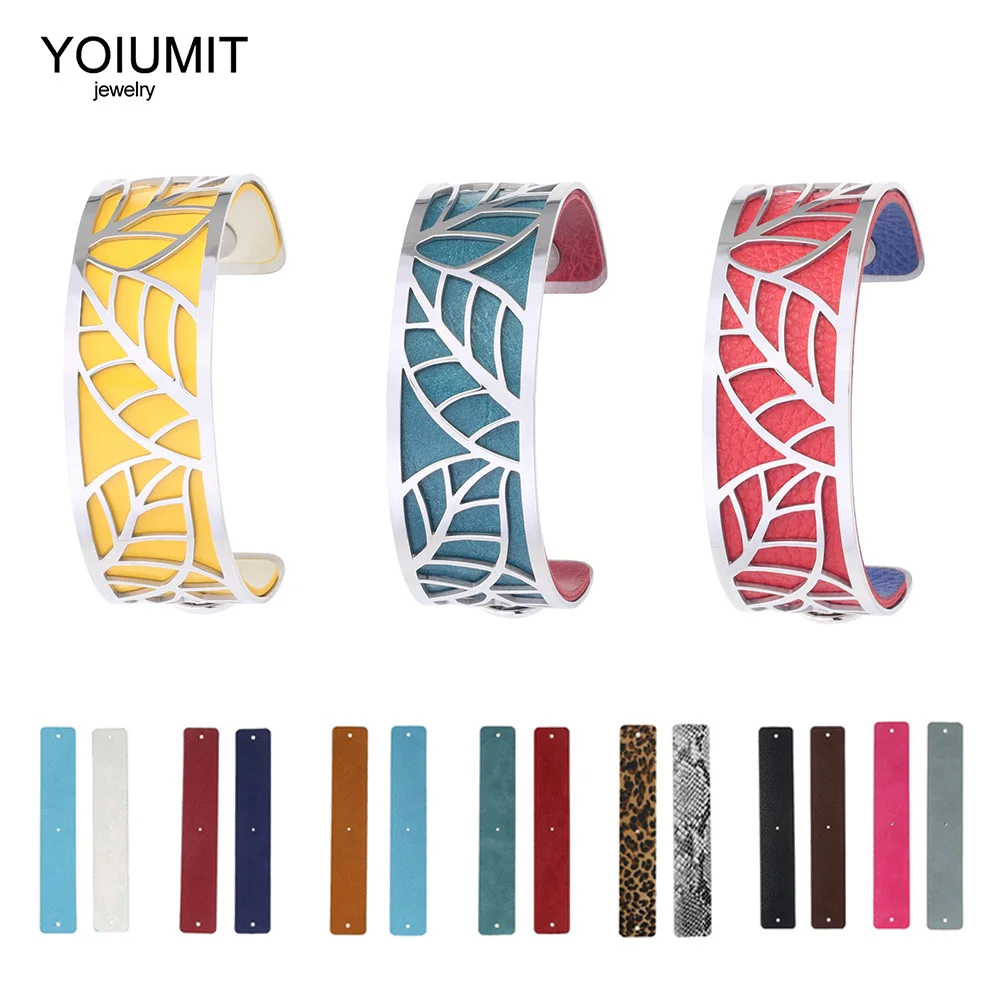 Yoiumit 25mm Leaf Bangles Love Cuff Bracelets Stainless Steel Manchette Femme Interchangeable Reversible Leather Jewelry Gift