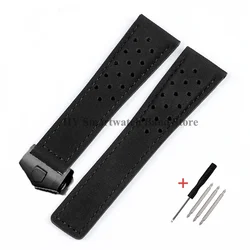 Genuine Leather Watch Strap with Brushed Cowhide and Solid Folding Buckle - 20mm (Black - Black)