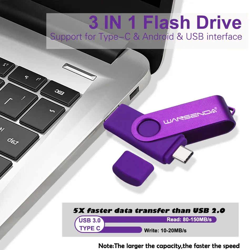 WANSENDA USB TYPE C USB 3.0 Flash Drive Pen Drive 512GB 256GB 128GB 64GB 32GB High Speed Pendrive USB C & MicroUSB Memory Stick