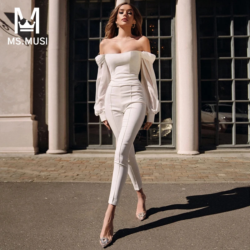 

MSMUSI 2022 New Fashion Women Sexy White Off The Shoulder Lace Mesh Long Sleeve Bodycon Party Club Pencil Pant Lady Jumpsuit