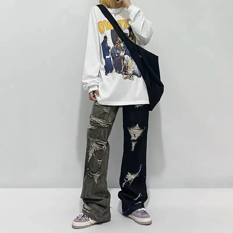 Jeans Women Cut And Stitched Ripped Beggar Jeans High Waist Trousers Distressed Washed Baggy Flared Wide Leg Denim Pants
