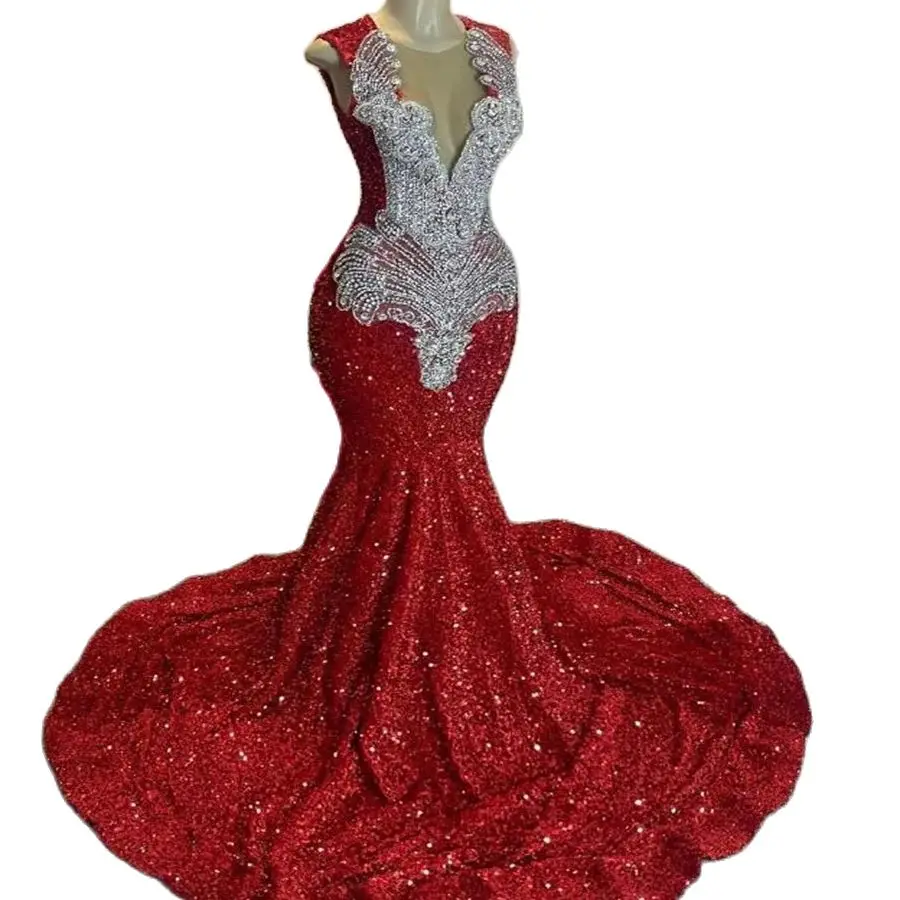 

Блестящее красное платье для выпускного вечера для черных девушек, вечернее платье с блестками и бриллиантами, вечернее платье-русалка без рукавов с круглым вырезом, деловые платья на день рождения