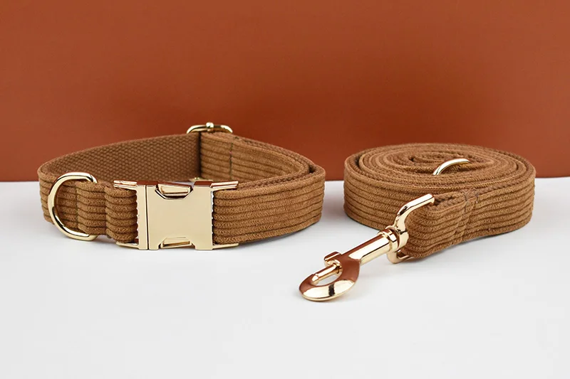 Personalised Corduroy Dog Collar And Leash Set With Nameplate_voghion.com
