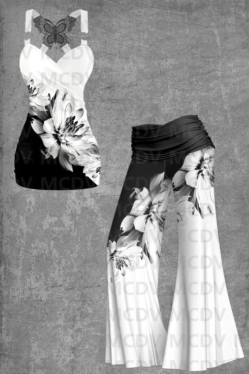 Women'S Black & White Flower Shadow Print Casual Bottoming Shirt Two-Piece Set Printed Women Sexy Tank Top+Flare Wide Leg Pants