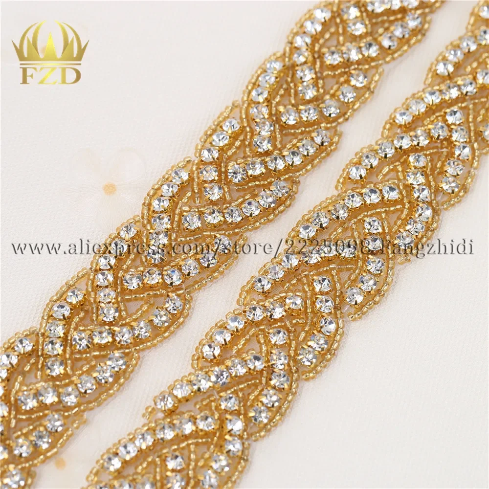 

(10yards) Wholesale 1 Yard Sewing On Beaded Hot Fix Gold Applique Rhinestone Trim for Wedding Dresses Bridal Garters Sash Belts