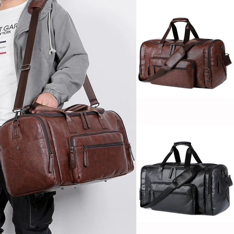 Large Men's Travel Tote Soft Leather Business Trip Holiday Handbag PU Shoulder Black Brown Bag Man Carry ON Luggage Pack Bags