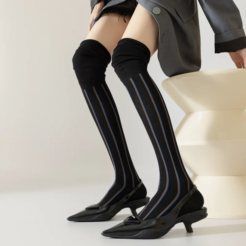 Women Socks Loose Mouth Vertical Stripe Stockings Knee-high Stitching Slimming Piled Women's Socks Fashion Autumn And Winter 1pair