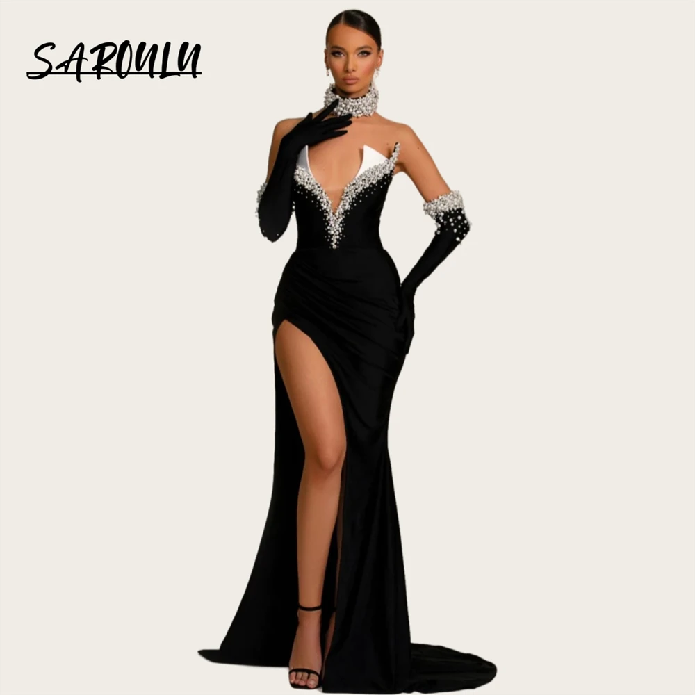 

Black Formal Dress For Women With Beaded Pearls Strapless (No Gloves) Side Slit Prom Dresses Sheath Sexy Evening Gown Custom