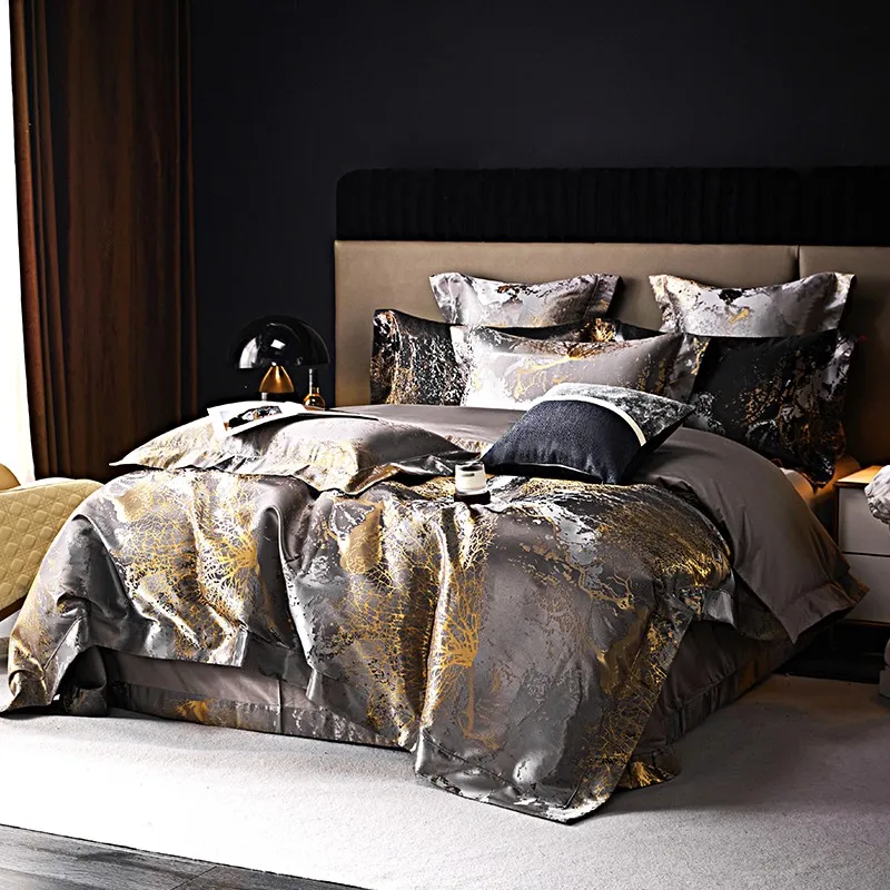 Egyptian Cotton Black Duvet Cover Set Satin Jacquard Luxury Silk Like Bedding Comforter Cover with Zipper Bed Sheet Pillowcases - Image 2