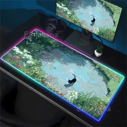 Kawaii RGB LED Backlit Cartoon Cat Gaming Mouse Pad - Anime Desk Mat for Office & Gaming Setup (Cat RGB 7)