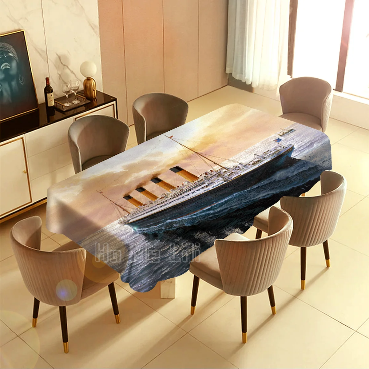 

Titanic RectangleTablecloth Famous Old Vintage Historic Spill Natural Marine landscape Waterproof For Outdoor Indoor