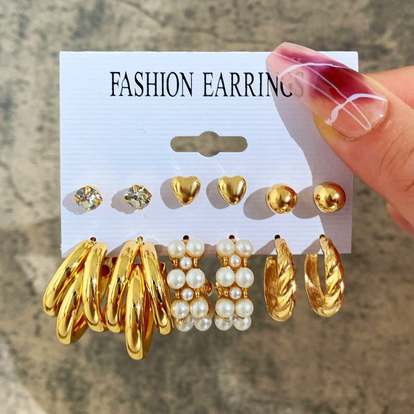 Boho Gold Color Pearl Earrings Set for Women Fashion Vintage Chunky Heart Zircon Geometric Studs Earrings Simple Jewelry Gifts