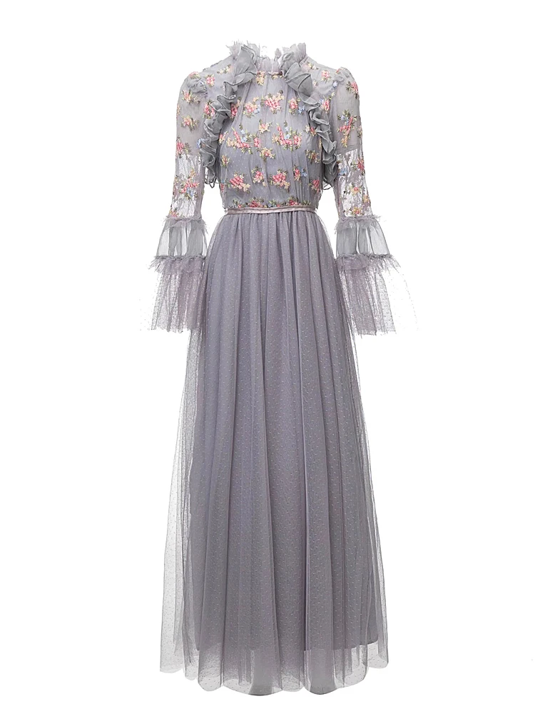 

Extravagant Runway Women's Spring High Quality Fashion Party Grey Mesh Embroidered Casual Gorgeous Classic Catwalk Long Dress