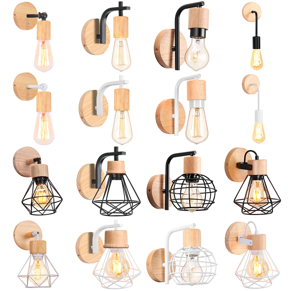 industrial wall light iron wood e27 cage sconce