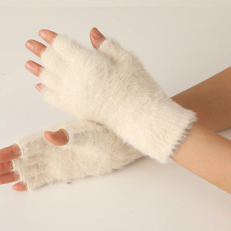 Mink Cashmere Autumn Winter Women Gloves Fingerless Warm Racoon Wool Mitten Wrist Length Thumb Hole Mitts Korean Female Lovely