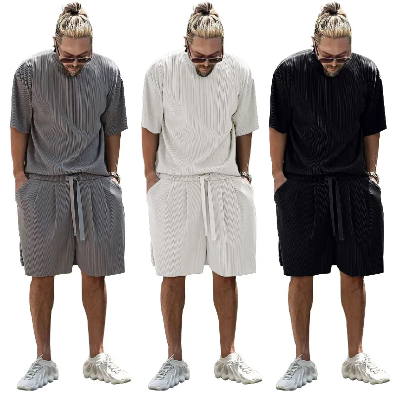 Summer Men's Short Sleeved Shorts Set Personalized Solid Color Loose Casual Set Men's Stock In Europe and America Sweatpants