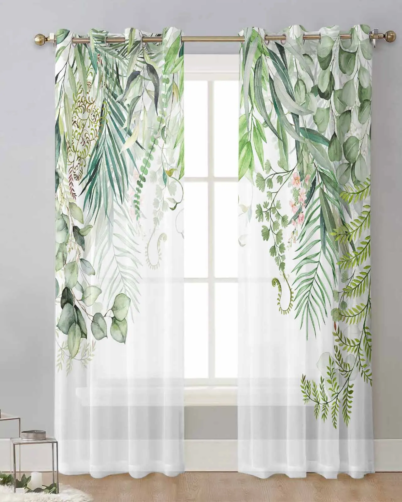 

Акварельные подвесные шторы из эвкалипта с листьями, для спальни, вуаль, занавески для окон, тюлевые шторы для гостиной, прозрачные Занавески