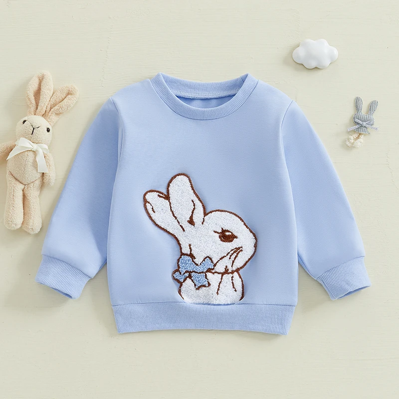 Toddler Baby Boys Girls Easter Sweatshirt Bunny Embroidery Round Neck Long Sleeve Tops Cute Clothes