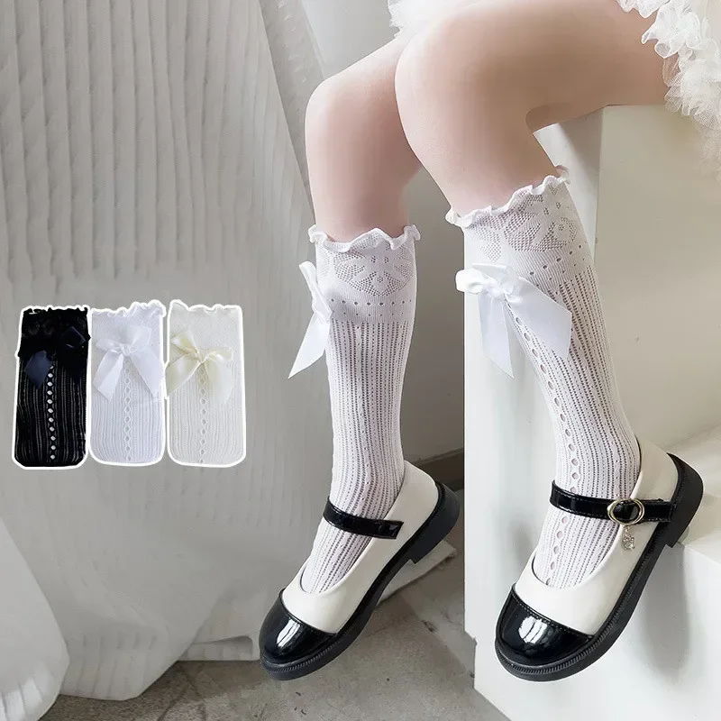 White Black Frilly JK Lolita Socks for Girls Pricess Bow Knee High Sock for Children Spring Summer Mesh Fishnet Kids Calf Sock