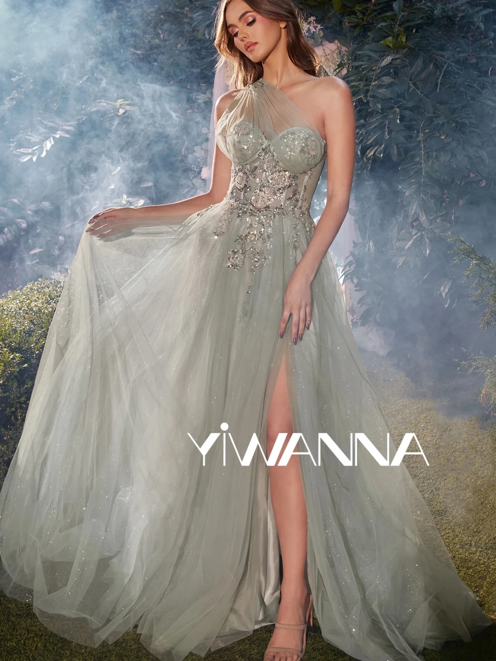 

Sexy One Shoulder Backless Cocktail Dress Sparkly Sequins Evening Gown Elegant Tulle A-line Long Prom Dresses Robe De Mariée