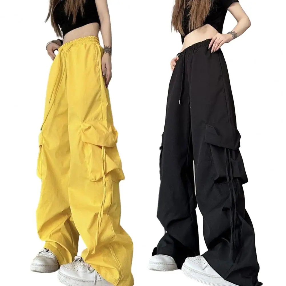

Cargo Pant Women Elastic High Waist Cargo Pants Drawstring Multi Pockets Straight Wide Leg Casual Girls Long Trousers Streetwear